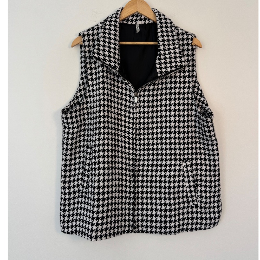 Dark Academia Lulu-B Womens XL Vest Black White Houndstooth Zip Front Cotton